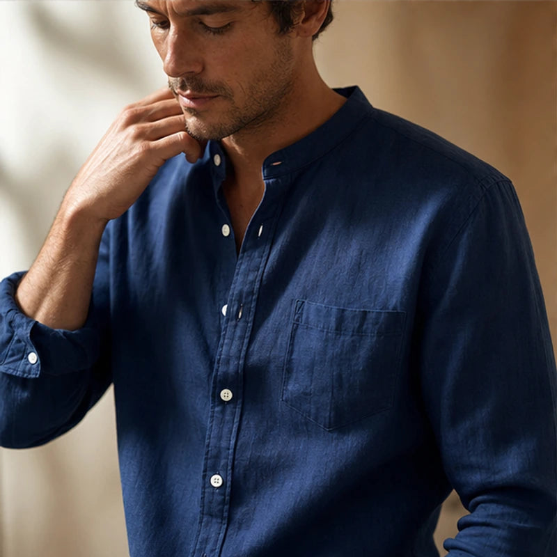 Amalfi Linen Mandarin Collar Shirt - Blue - summer layers - Hendlys - Image 8