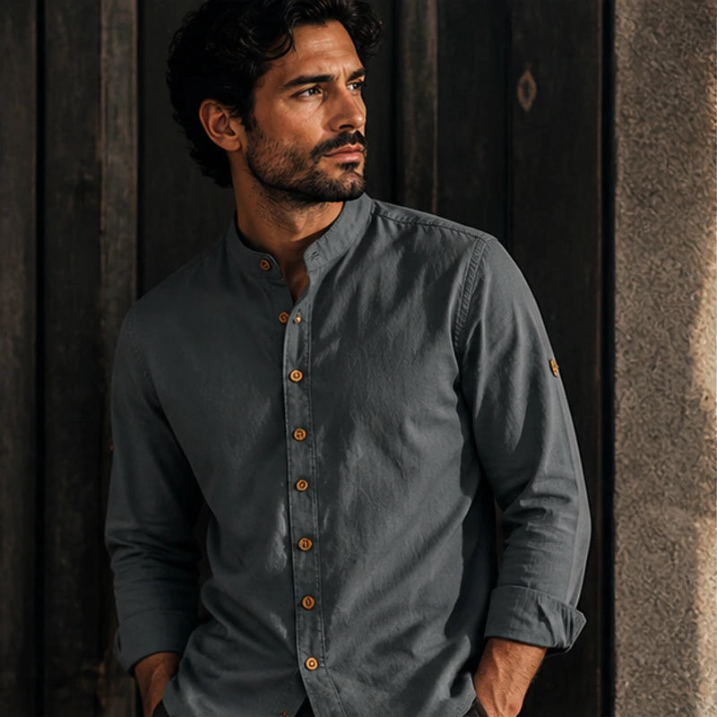 Yoake Mandarin Collar Shirt - Charcoal - linen cotton - Hendlys - Image 4