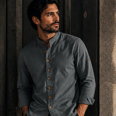 Yoake Mandarin Collar Shirt - Charcoal - linen cotton - Hendlys - Image 4