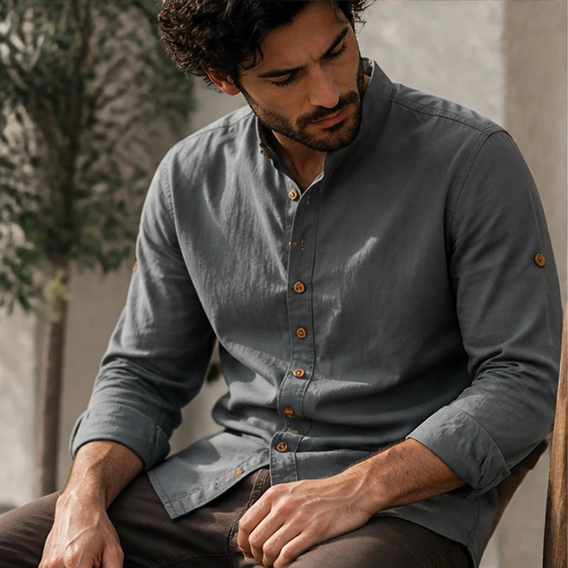 Yoake Mandarin Collar Shirt - Charcoal - stand collar - Hendlys - Image 6