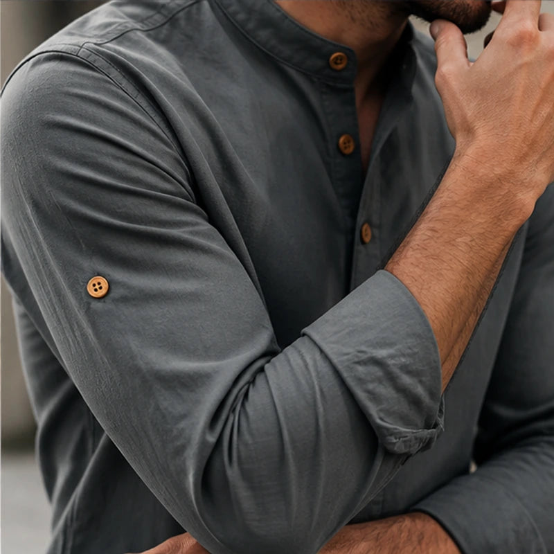 Yoake Mandarin Collar Shirt - Charcoal - japanese style - Hendlys - Image 5