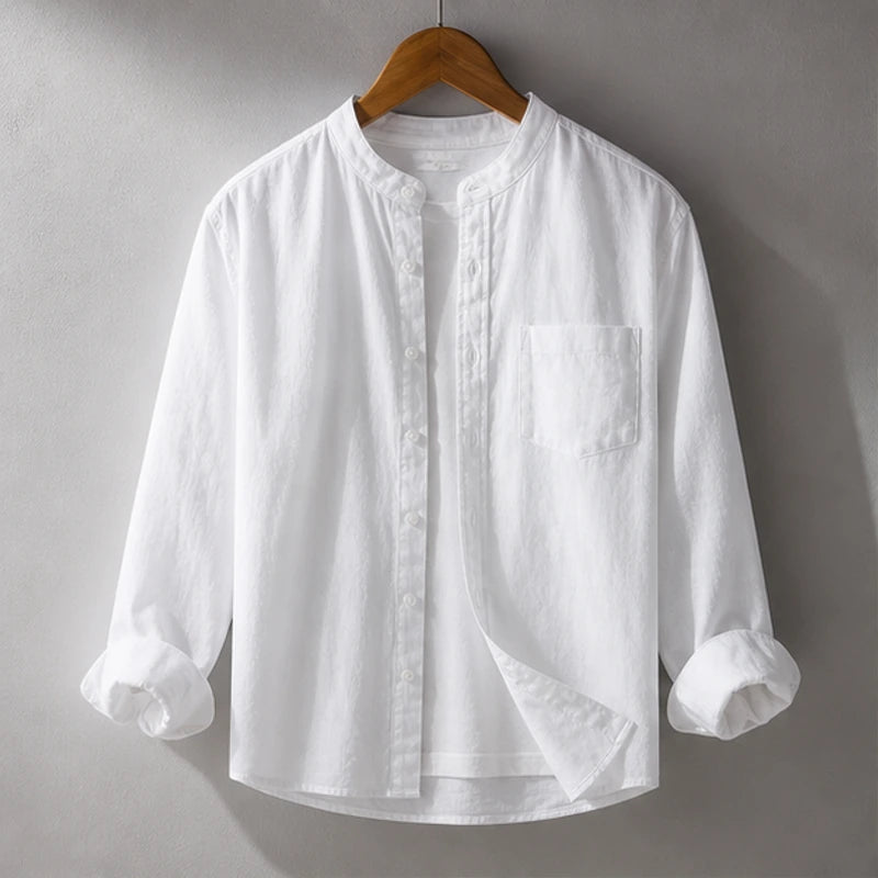Amalfi Linen Mandarin Collar Shirt - White - Shirt - Hendlys - Image 1