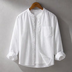 Amalfi Linen Mandarin Collar Shirt - White - Shirt - Hendlys - Image 1