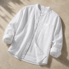 Amalfi Linen Mandarin Collar Shirt - White - men's shirts - Hendlys - Image 2