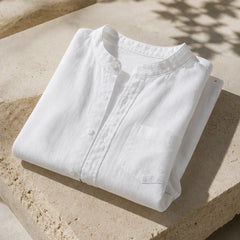 Amalfi Linen Mandarin Collar Shirt - White - mandarin collar - Hendlys - Image 4