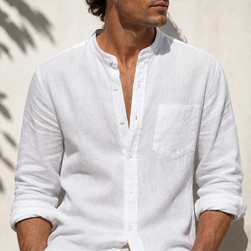 Amalfi Linen Mandarin Collar Shirt - White - button-front - Hendlys - Image 5