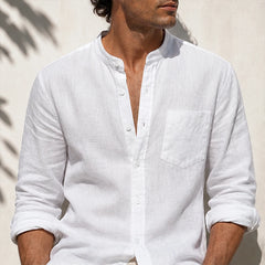 Amalfi Linen Mandarin Collar Shirt - White - button-front - Hendlys - Image 5