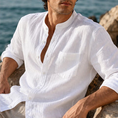 Amalfi Linen Mandarin Collar Shirt - White - lightweight - Hendlys - Image 6