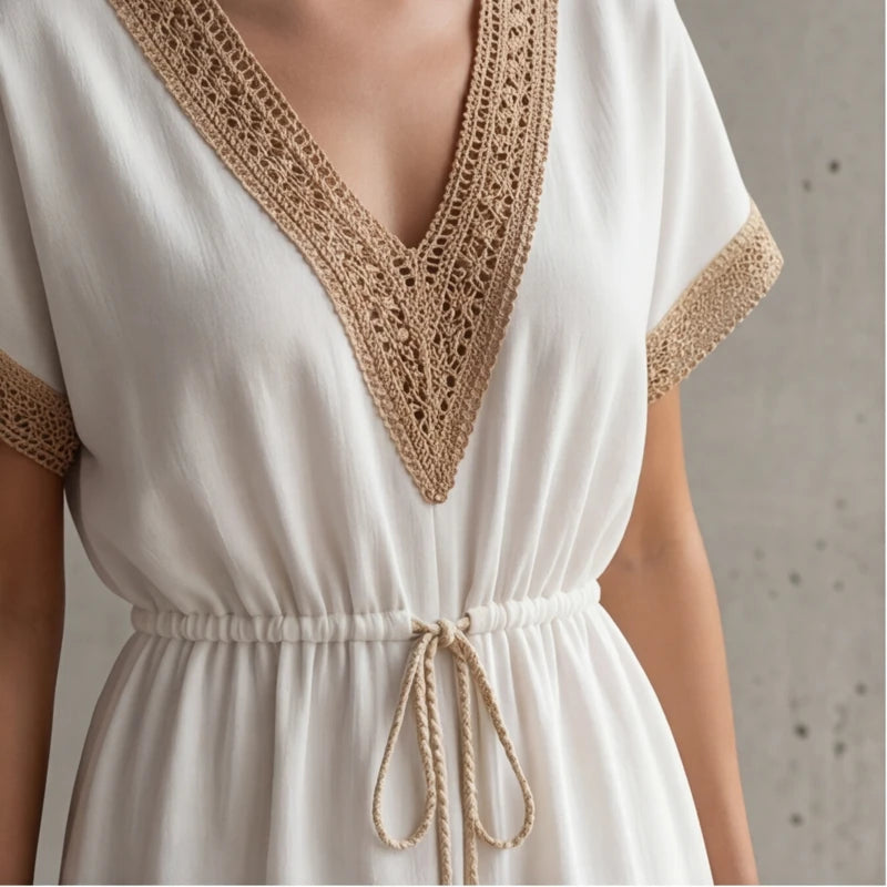 Comporta Lace Midi Dress - White - v-neck dress - Hendlys - Image 5