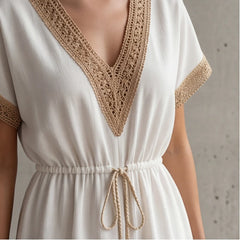 Comporta Lace Midi Dress - White - v-neck dress - Hendlys - Image 5