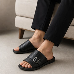 Mariner Croc-Embossed Leather Sandal - Black - croc embossed - Hendlys - Image 4