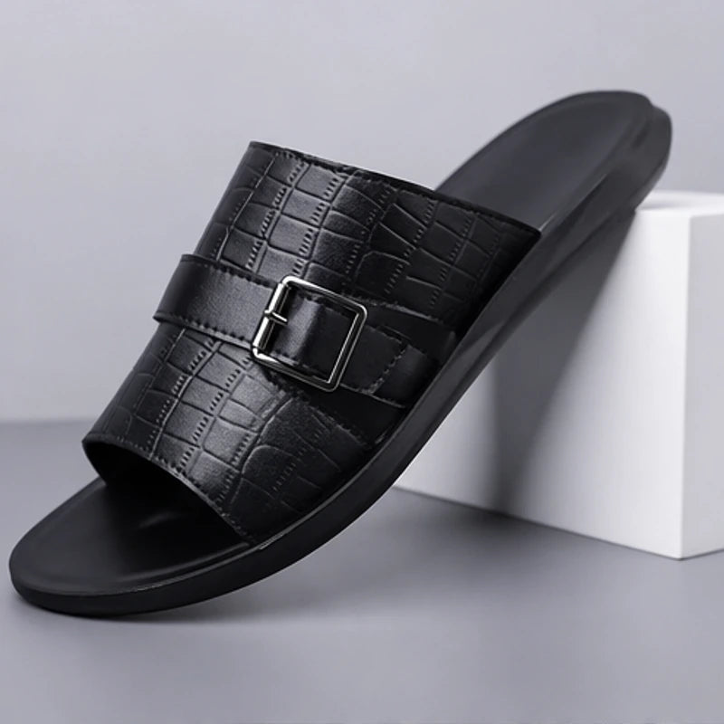 Mariner Croc-Embossed Leather Sandal - Black - Sandals - Hendlys - Image 1