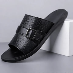 Mariner Croc-Embossed Leather Sandal - Black - Sandals - Hendlys - Image 1