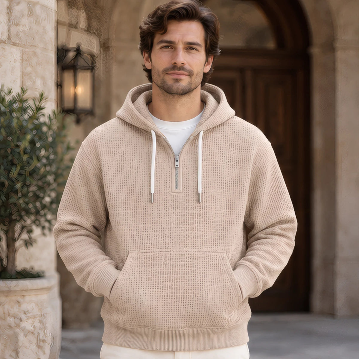 Adair Waffle-Knit Half-Zip Hoodie - Khaki - Clothing > Tops > Hoodies > Half-Zip Hoodies - Hendlys - Image 2