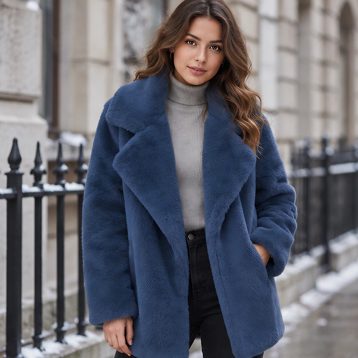 Adela Women's Oversized-Lapel Fur Coat - Blue - Women's Clothing > Outerwear > Fur Coats - Hendlys - Image 1