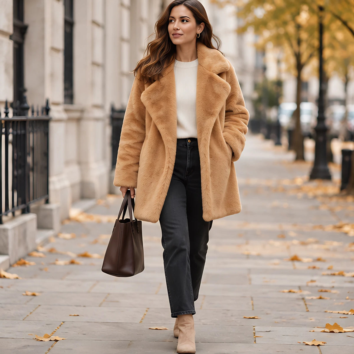 Adela Women's Oversized-Lapel Fur Coat - Brown - Women's Clothing > Outerwear > Fur Coats - Hendlys - Image 4