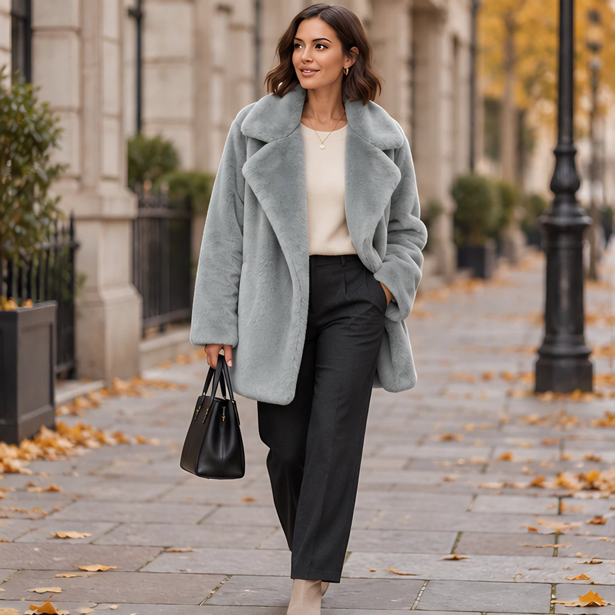 Adela Women's Oversized-Lapel Fur Coat - Gray - Women's Clothing > Outerwear > Fur Coats - Hendlys - Image 4