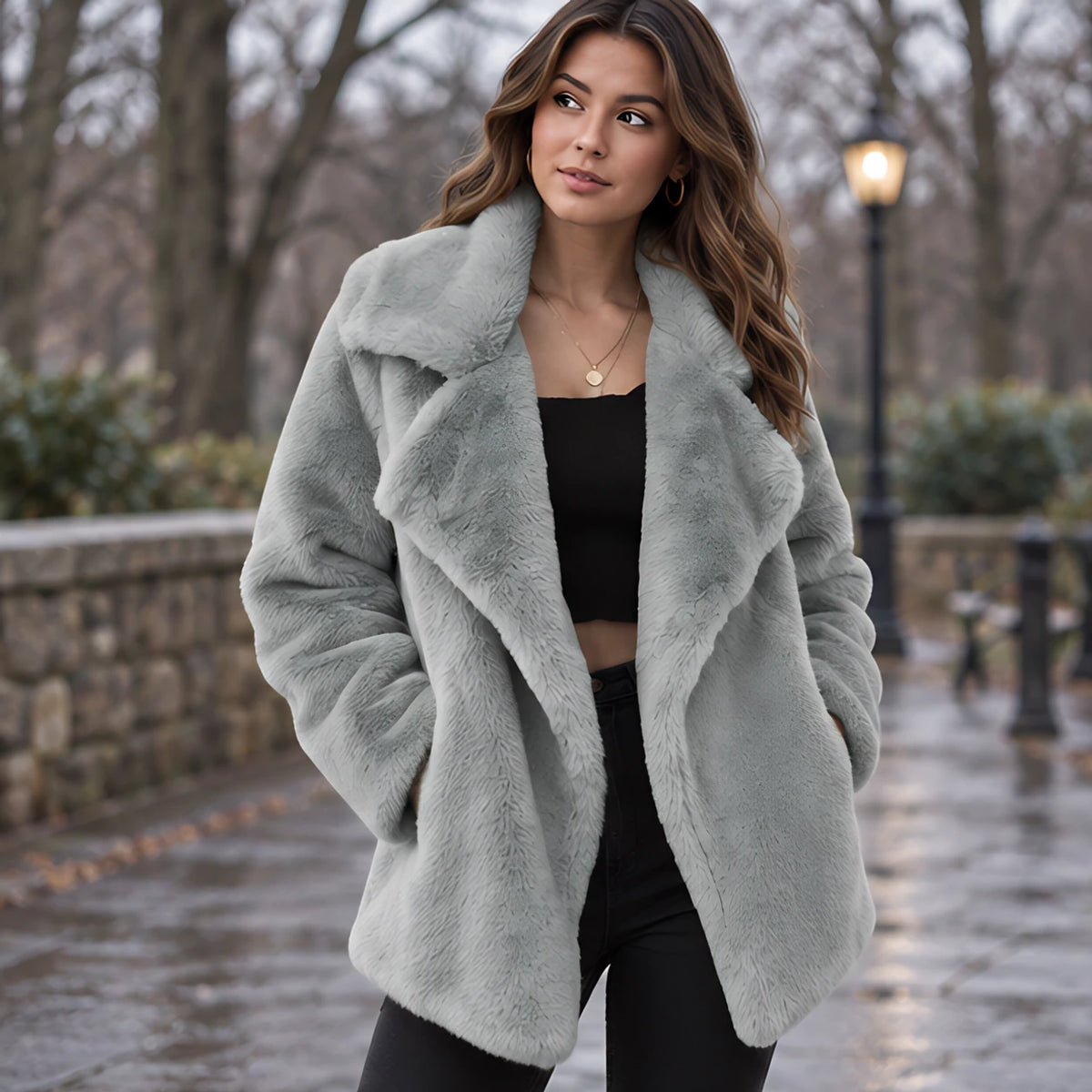 Adela Women's Oversized-Lapel Fur Coat - Gray - Women's Clothing > Outerwear > Fur Coats - Hendlys - Image 1