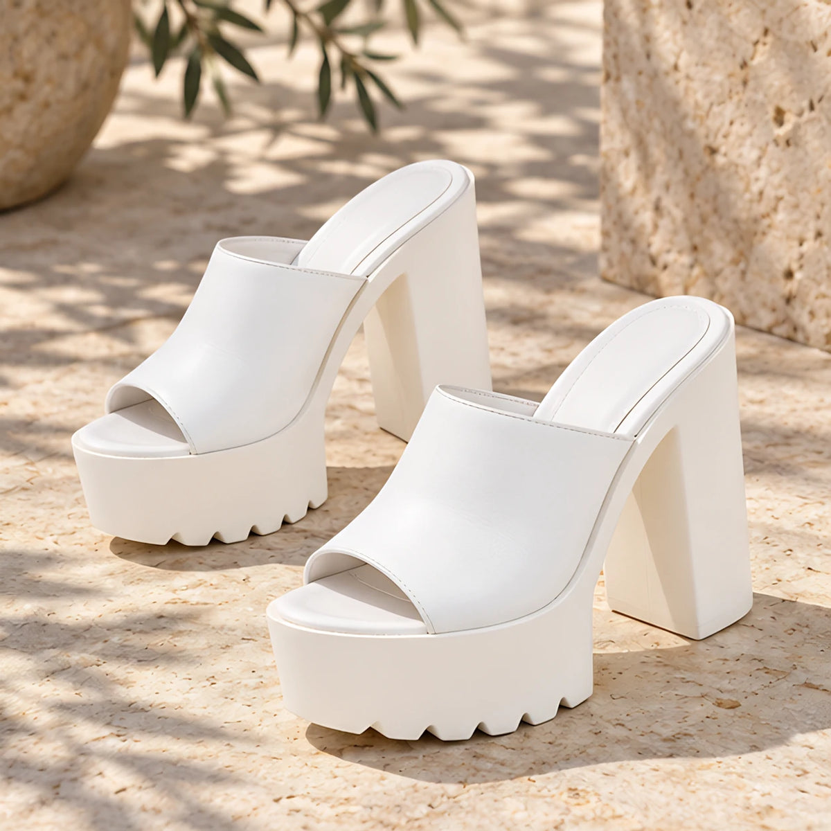 Adrienne Women's Platform Block-Heel Mules - White - heels - Hendlys - Image 2