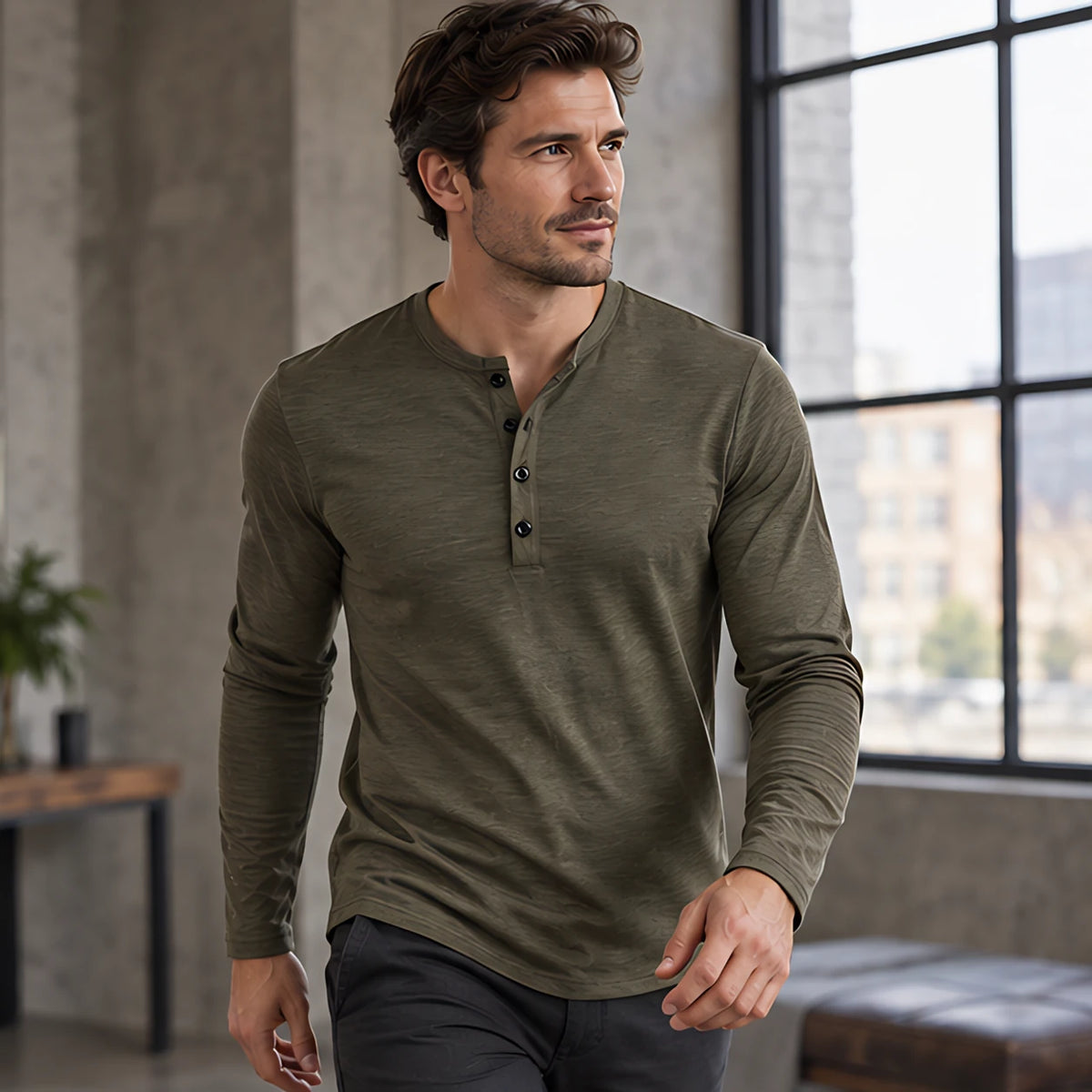 Ainsworth Men's Long Sleeve Henley Shirt - Army Green - apparel - Hendlys - Image 2