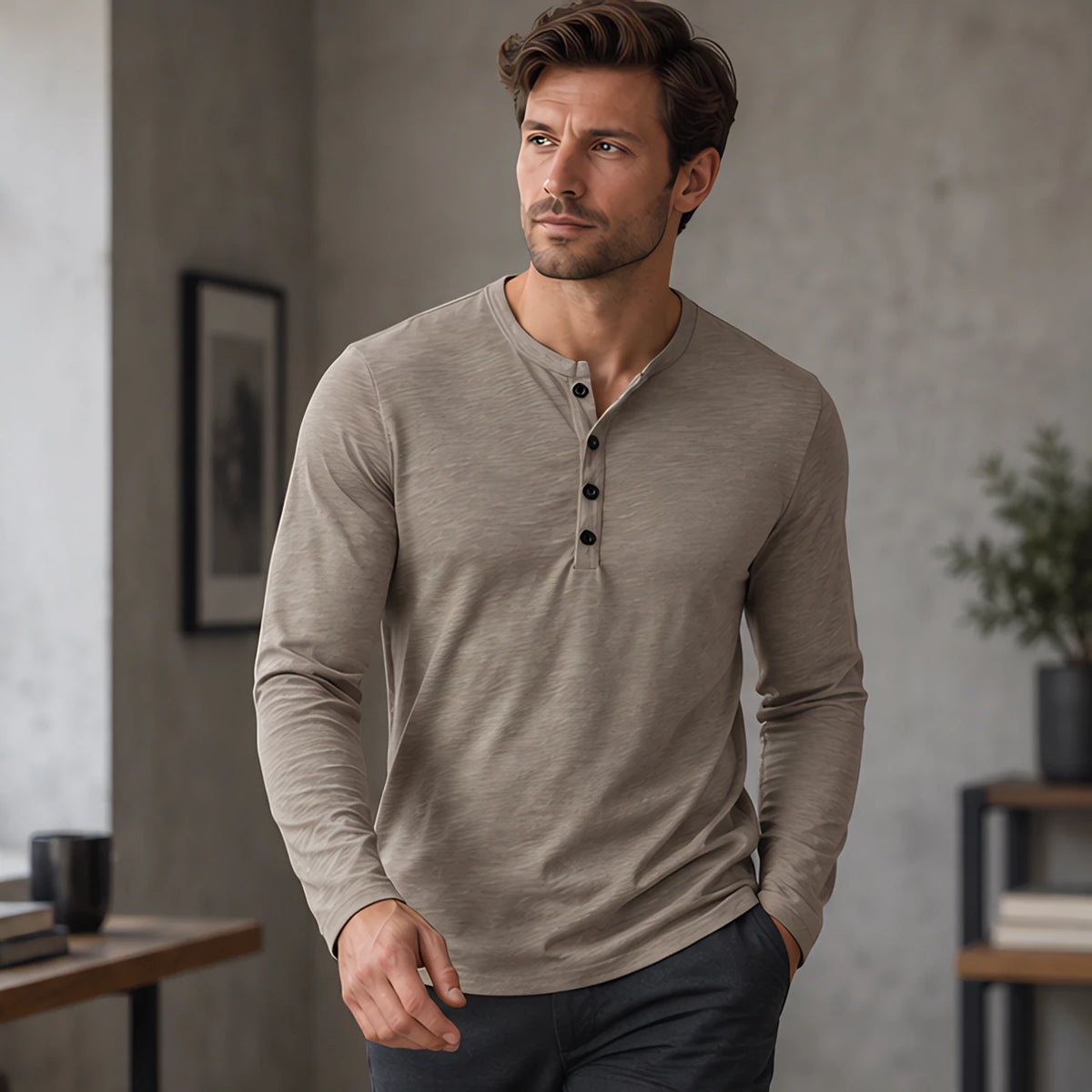 Ainsworth Men's Long Sleeve Henley Shirt - Beige - apparel - Hendlys - Image 2