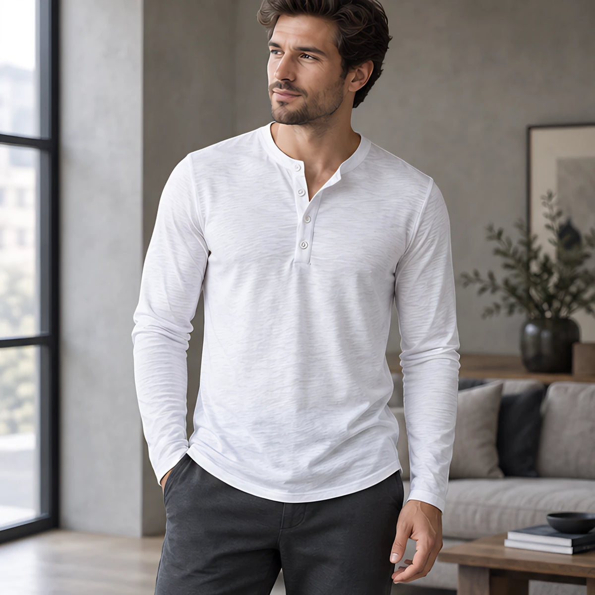 Ainsworth Men's Long Sleeve Henley Shirt - White - Men's Clothing > Shirts > Henley Shirts - Hendlys - Image 1
