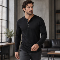 Ainsworth Men's Long Sleeve Henley Shirt - Black - apparel - Hendlys - Image 2