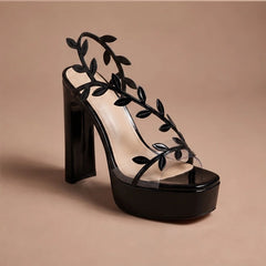 Alana Leaf Detail Heels - Black - square toe - Hendlys - Image 5