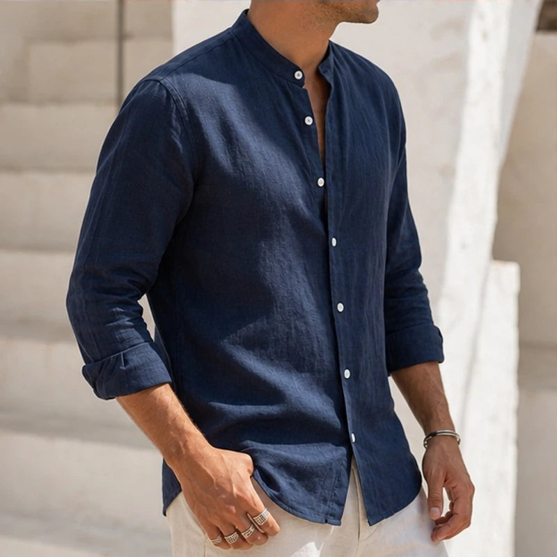 Alden Linen Mandarin Shirt - Midnight Navy - men's shirt - Hendlys - Image 2