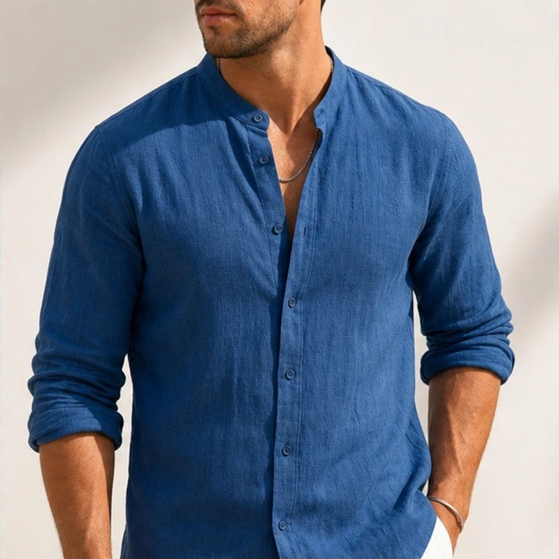 Alden Linen Mandarin Shirt - Royal Blue - Shirt - Hendlys - Image 1