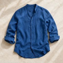 Alden Linen Mandarin Shirt - Royal Blue - linen shirt - Hendlys - Image 3