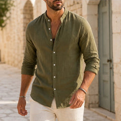 Alden Linen Mandarin Shirt - Olive Green - Shirt - Hendlys - Image 1
