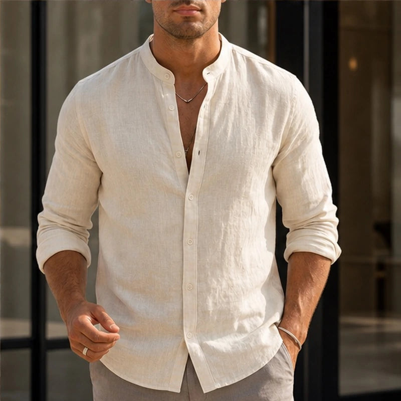 Alden Linen Mandarin Shirt - Ivory - Shirt - Hendlys - Image 1