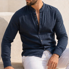 Alden Linen Mandarin Shirt - Charcoal Navy - men's shirt - Hendlys - Image 2
