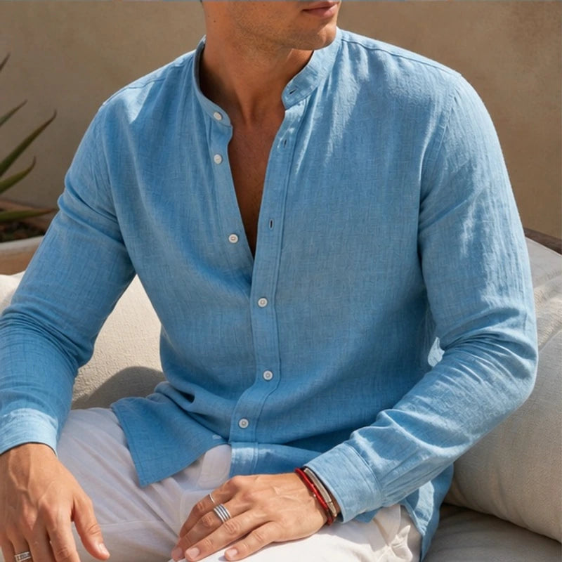 Alden Linen Mandarin Shirt - Sky Blue - men's shirt - Hendlys - Image 2