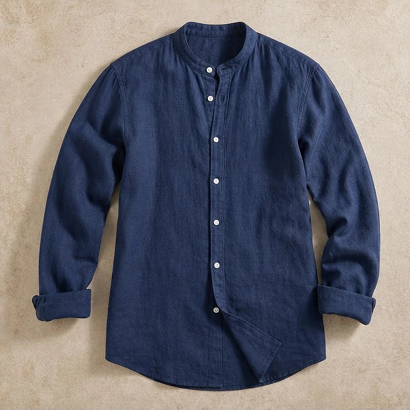 Alden Linen Mandarin Shirt - Midnight Navy - linen shirt - Hendlys - Image 3