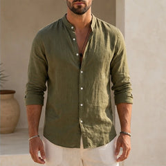 Alden Linen Mandarin Shirt - Olive Green - men's shirt - Hendlys - Image 2