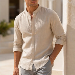 Alden Linen Mandarin Shirt - Sand Beige - men's shirt - Hendlys - Image 2