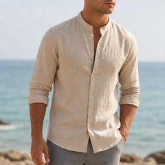 Alden Linen Mandarin Shirt - Sand Beige - Shirt - Hendlys - Image 1