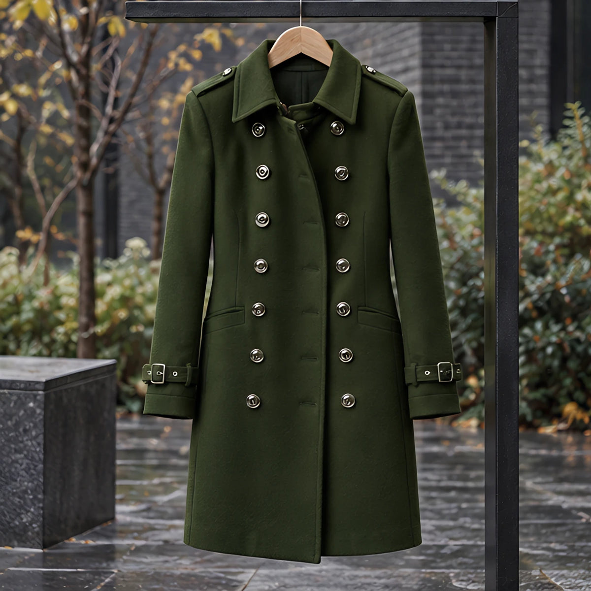 Alessandra Women's Double-Breasted Military Coat - Army Green - 23 sept - Hendlys - Image 2