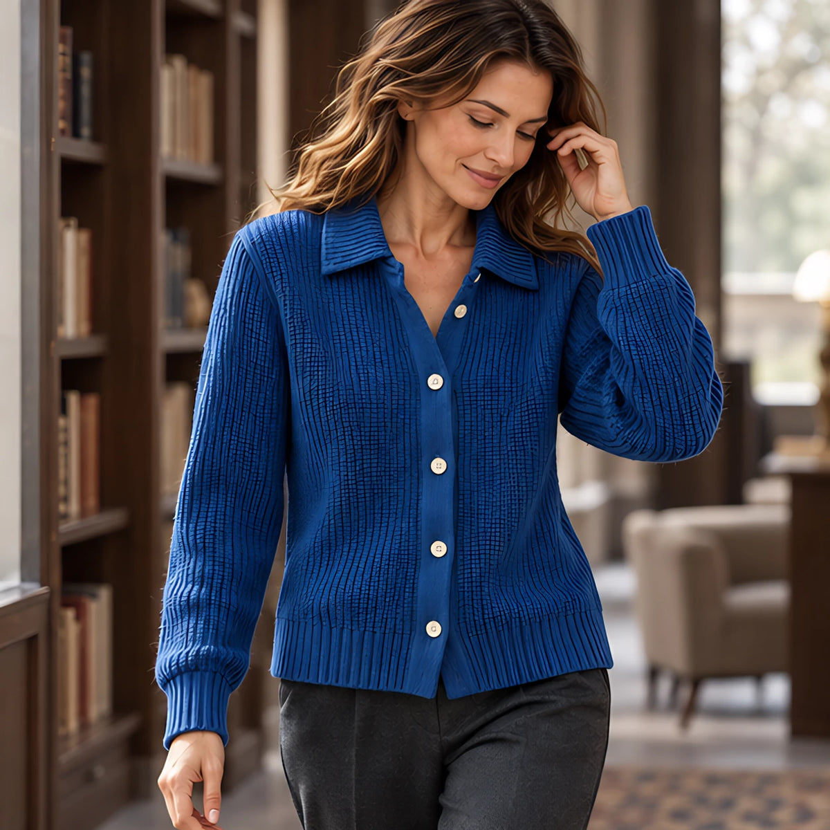 Althea Women's Waffle-Knit Collared Cardigan - Dark Blue - Clothing - Hendlys - Image 2