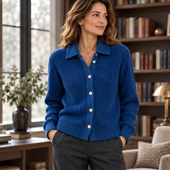 Althea Women's Waffle-Knit Collared Cardigan - Dark Blue - Women's Clothing > Sweaters & Cardigans > Cardigans - Hendlys - Image 1