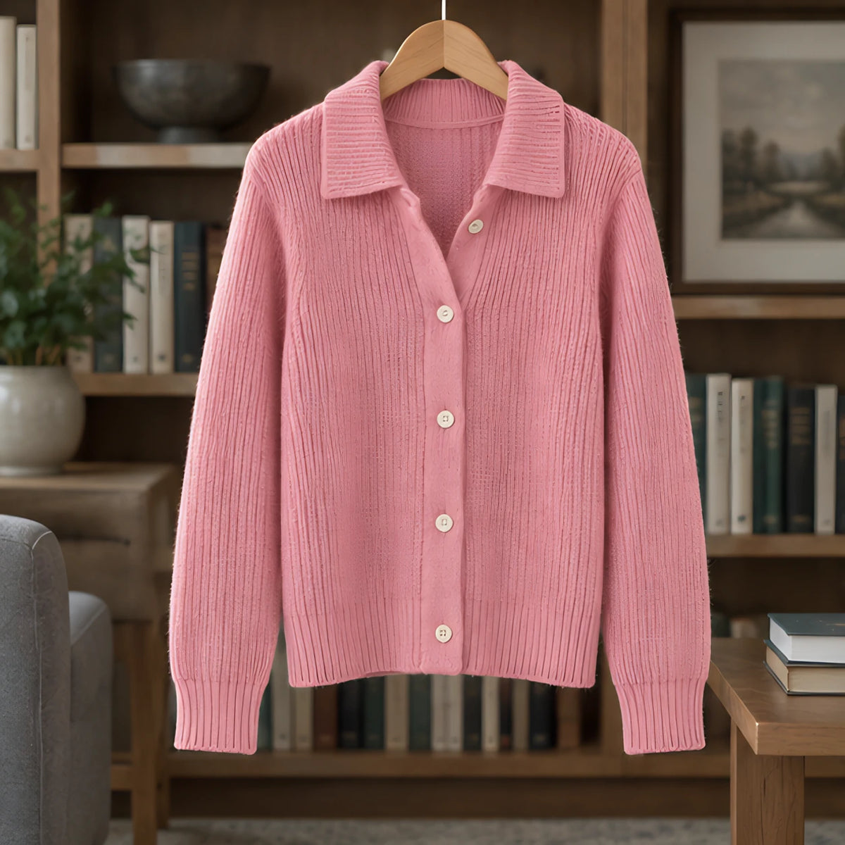 Althea Women's Waffle-Knit Collared Cardigan - Pink - Knitwear - Hendlys - Image 3