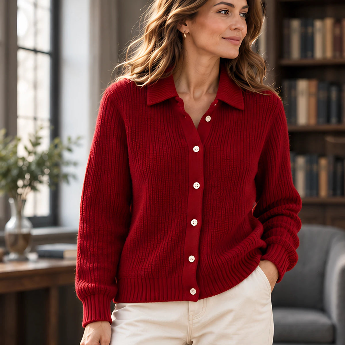 Althea Women's Waffle-Knit Collared Cardigan - Red - Women's Clothing > Sweaters & Cardigans > Cardigans - Hendlys - Image 1