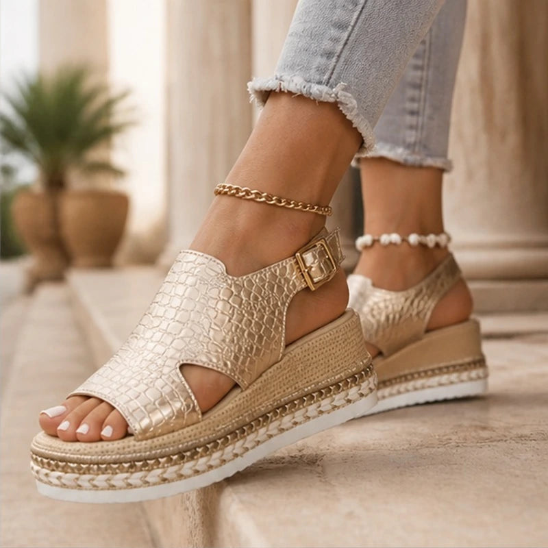 Amara Metallic Cushioned Wedge Sandals - Gold - Women's Footwear > Sandals > Wedge Sandals - Hendlys - Image 1