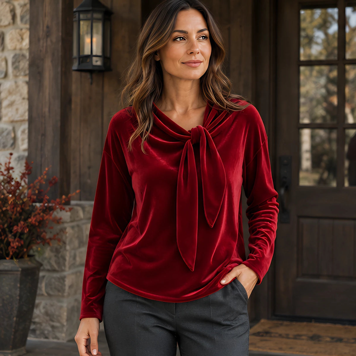 Antonia Women's Velvet Bow-Neck Blouse - Wine Red - Clothing > Blouse > Casual > Relaxed > Tie-Neck - Hendlys - Image 1