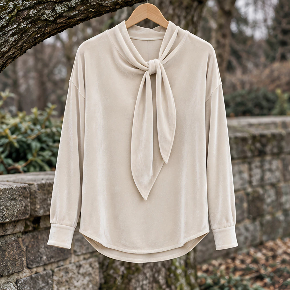 Antonia Women's Velvet Bow-Neck Blouse - Apricot - CLO-TOP-BLOUSE - Hendlys - Image 3