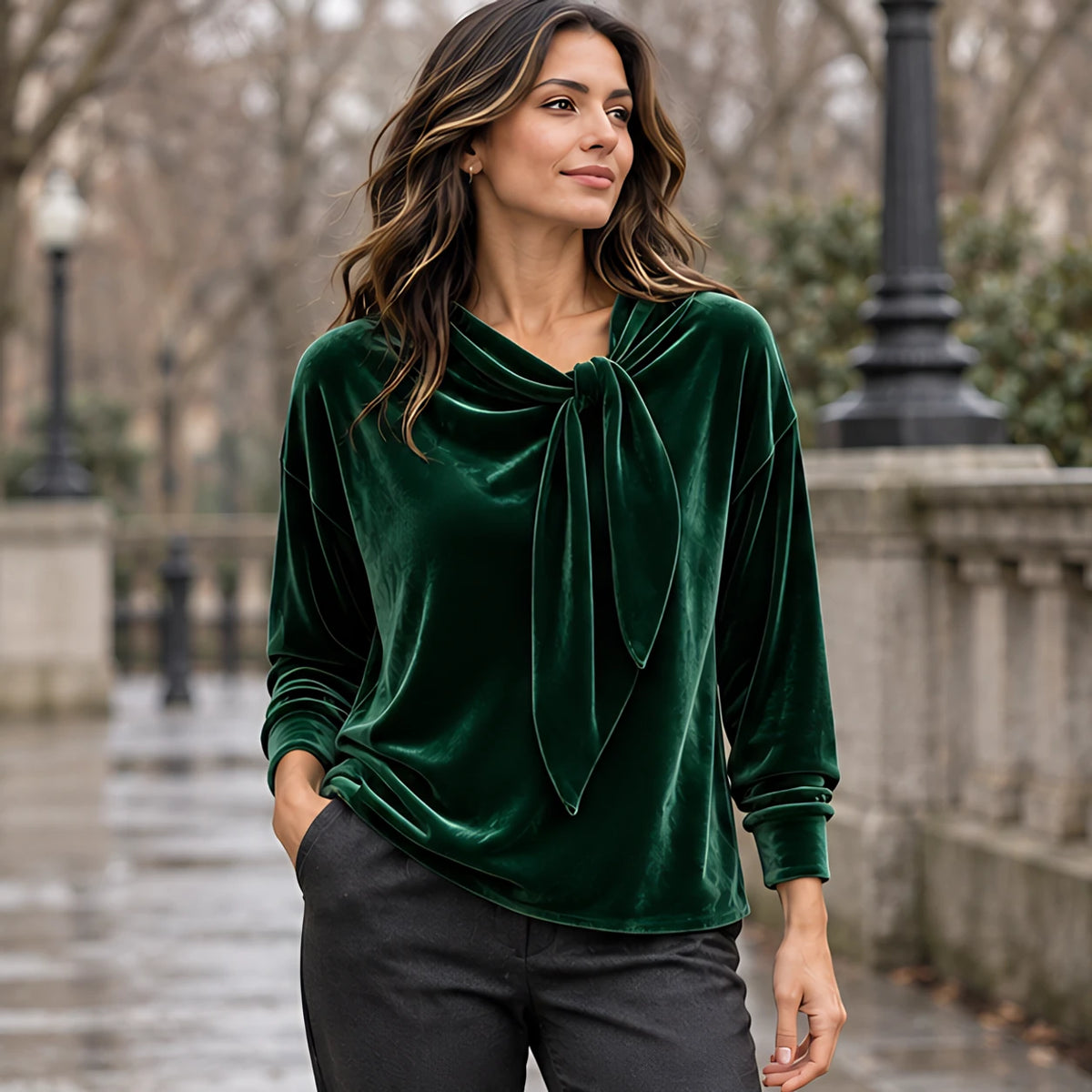 Antonia Women's Velvet Bow-Neck Blouse - Dark Green - Clothing > Blouse > Casual > Relaxed > Tie-Neck - Hendlys - Image 1