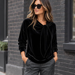 Antonia Women's Velvet Bow-Neck Blouse - Black - Clothing > Blouse > Casual > Relaxed > Tie-Neck - Hendlys - Image 1
