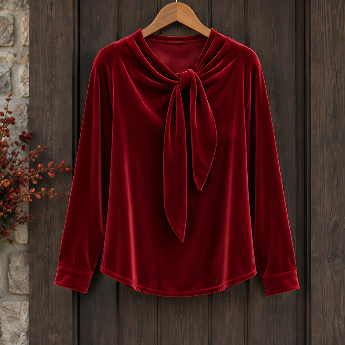 Antonia Women's Velvet Bow-Neck Blouse - Wine Red - CLO-TOP-BLOUSE - Hendlys - Image 3